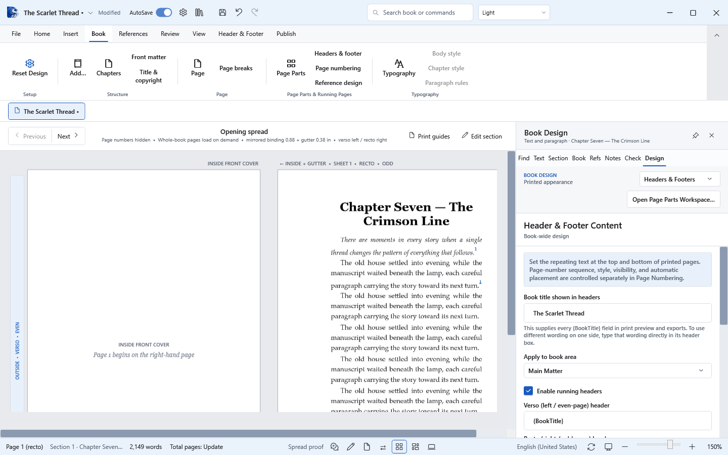 Current Oyama Scribe Book Design workspace for recurring header and footer content