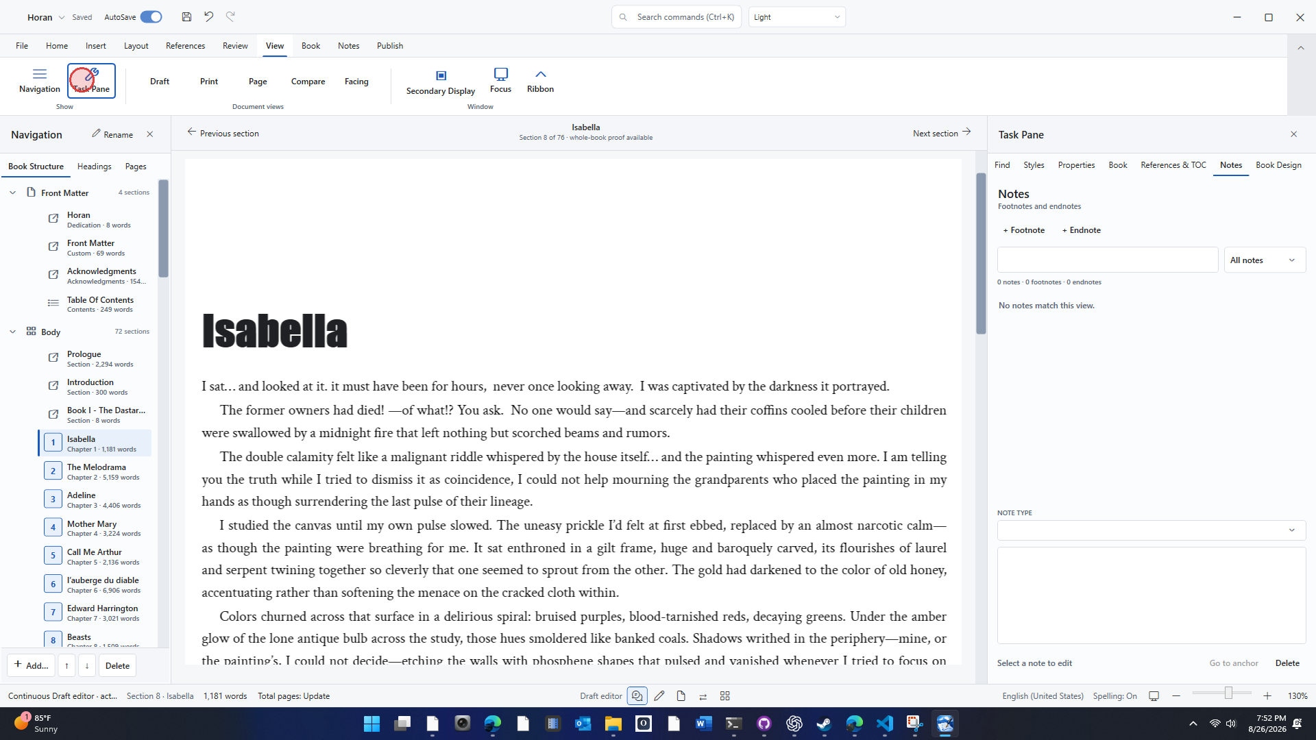 Footnotes and endnotes workspace beside the manuscript