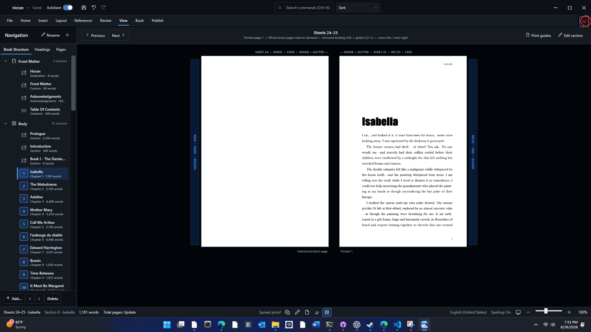 Two-page spread proof with binding and recto verso guides